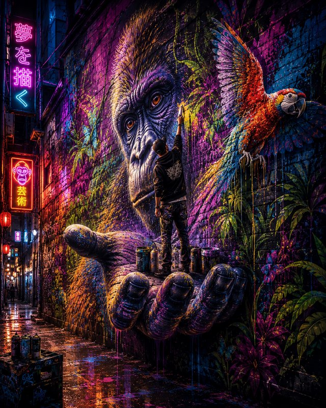 Street artist painting a massive vibrant gorilla and macaw mural on a neon-lit rainy urban alley ...