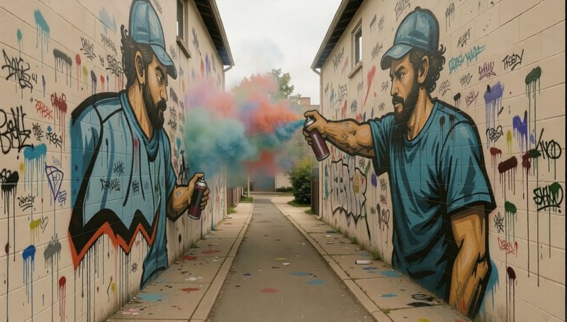 Surreal optical illusion of graffiti artist murals spraying colored smoke across a narrow, tag-co...