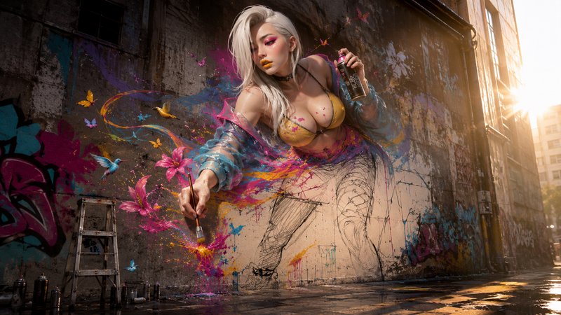 Platinum blonde female street artist emerges from a half-finished graffiti mural, holding a paint...
