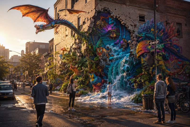Surreal 3D street art bursts from a NYC brick building, featuring a flying dragon, waterfall, and onlookers at golden sunset.