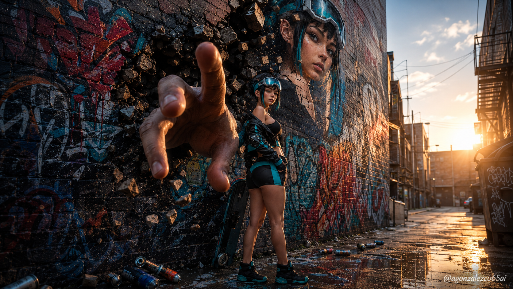 Surreal cyberpunk alley scene: giant outstretched hand bursts from graffiti wall beside artist and her matching portrait m...