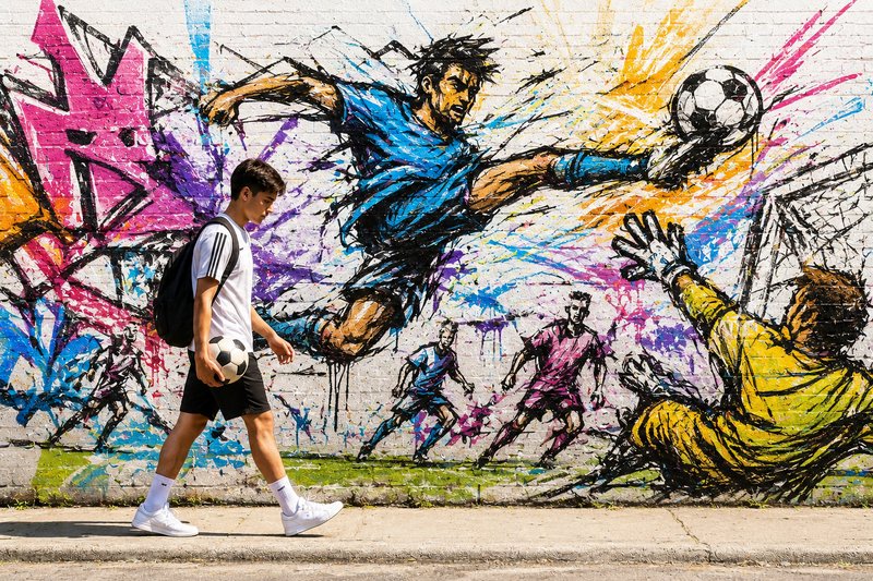 Teen soccer player holding a ball walks past a vibrant graffiti mural of an energetic soccer matc...