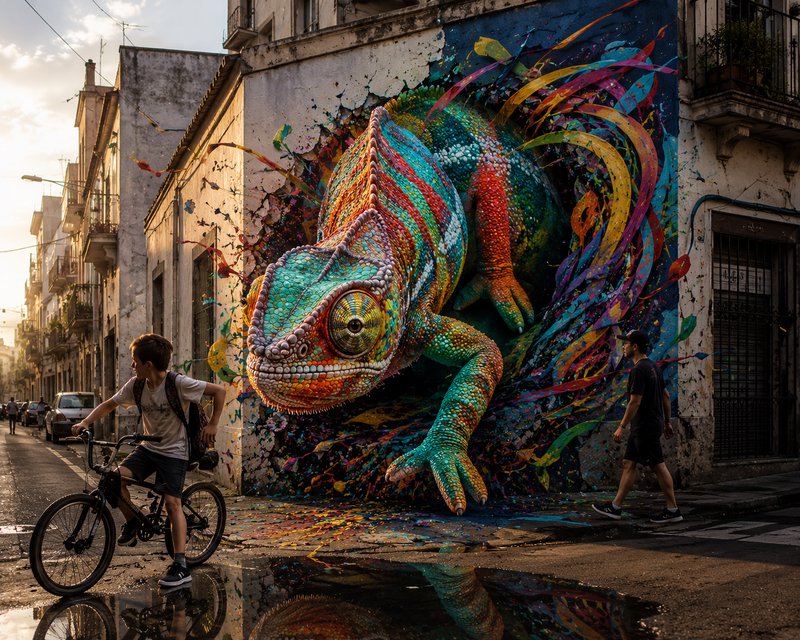 3D anamorphic street art of a vibrant chameleon appearing to burst from an old city building wall...