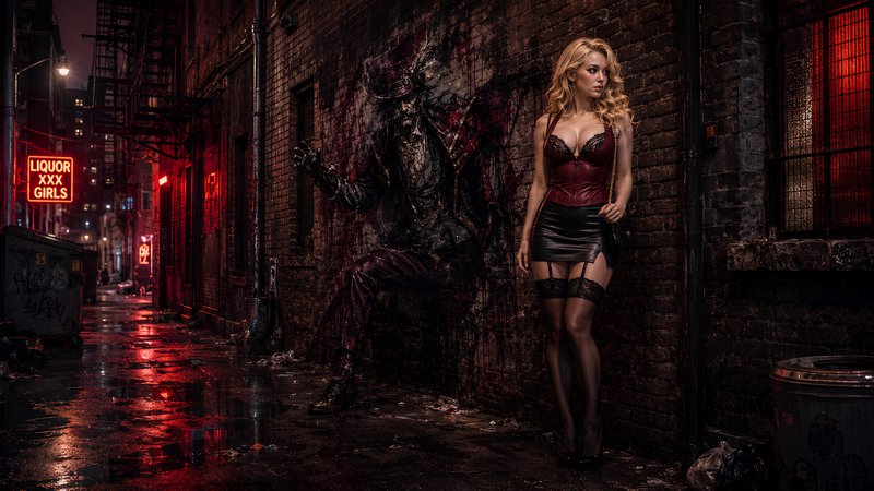 Blonde woman in corset stands beside eerie wall mural in red-lit wet urban back alley at night.