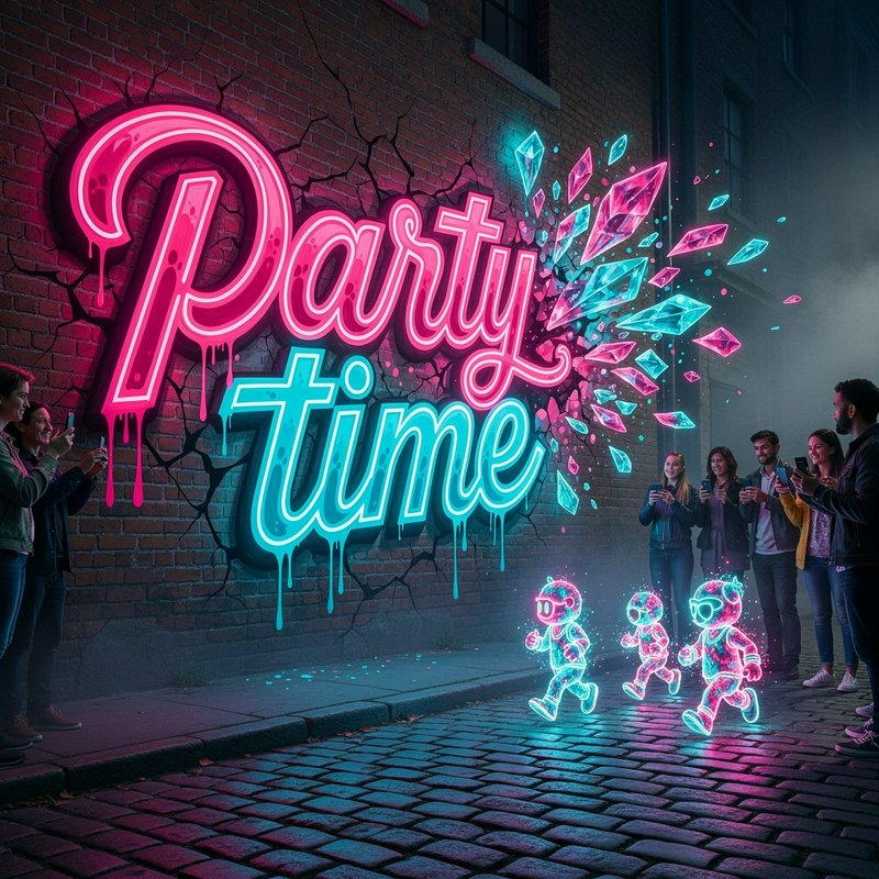 Vibrant dripping neon "Party time" mural on a brick alley wall, glowing neon figures run as onloo...