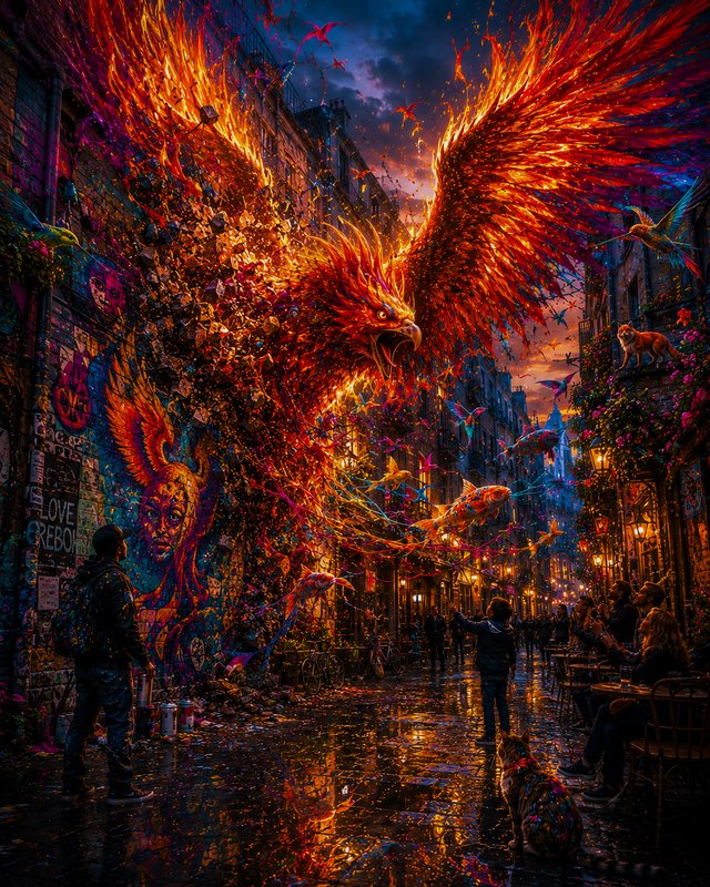 Massive fiery phoenix erupts from a graffiti-covered alley wall, watched by amazed onlookers on a...