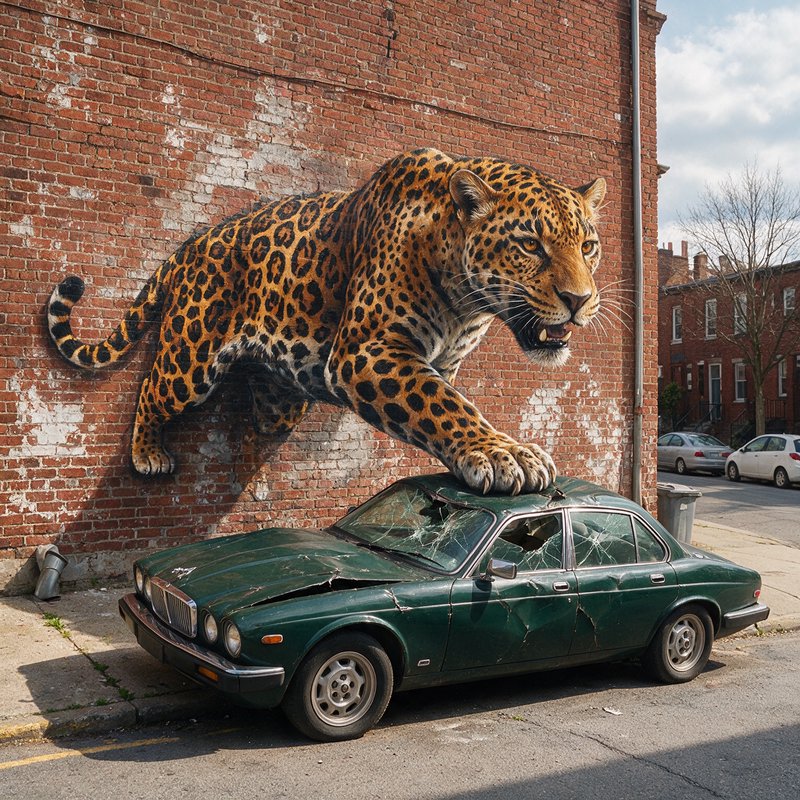Hyperrealistic 3D leopard mural on weathered red brick wall appearing to step onto a damaged gree...