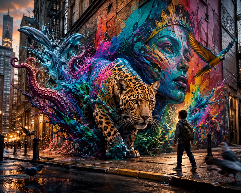 Surreal 3D street art bursting alive, jaguar and fantasy creatures emerge from a vibrant mural as...