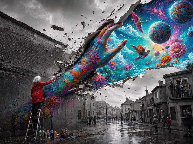 Elderly female artist spray paints a surreal mural of a colorful hand breaking through a gray wall to a bright cosmic realm.