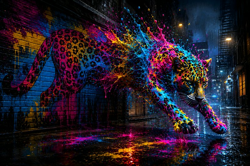 Leaping jaguar made of neon pink, blue, yellow paint splatters emerging from a graffiti wall in a rainy city alley at night