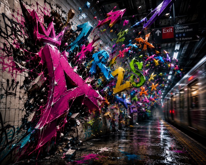 Vibrant 3D colorful graffiti alphabet letters burst through a tiled wall in a gritty New York City subway station next