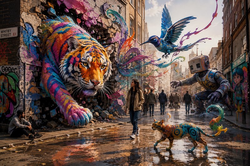 Surreal street art scene: rainbow-patterned tiger bursts through brick wall alongside fantasy cre...