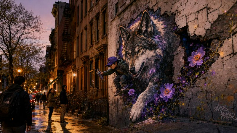 Surreal 3D street art of a giant wolf bursting through a brick wall next to a young graffiti arti...