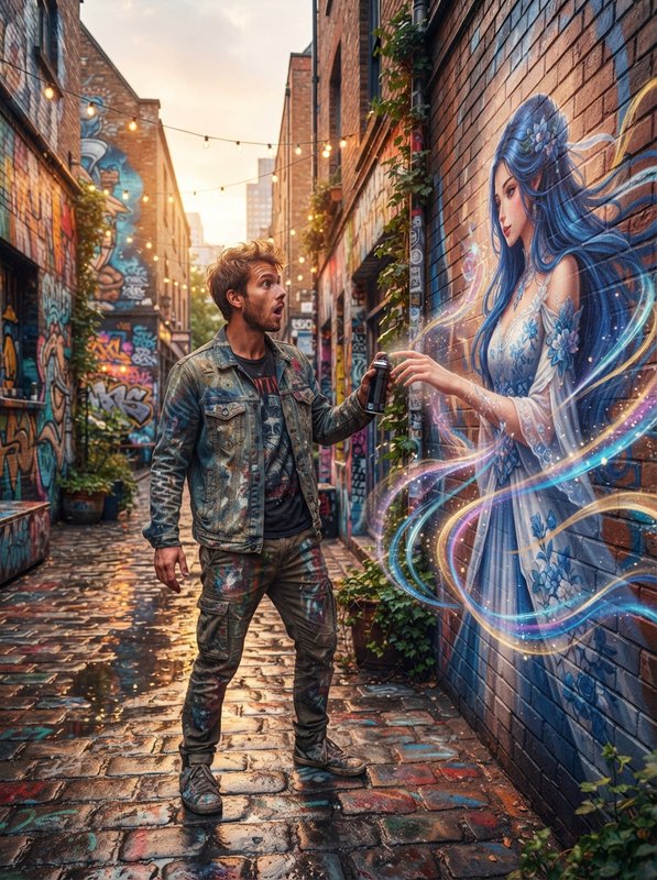 Surprised graffiti artist stares as a glowing blue-haired elf mural comes to life in a wet urban ...