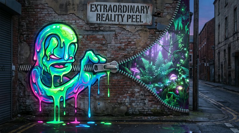 Dripping neon slime alien graffiti unzips brick wall to reveal glowing fantasy forest, "Extraordi...