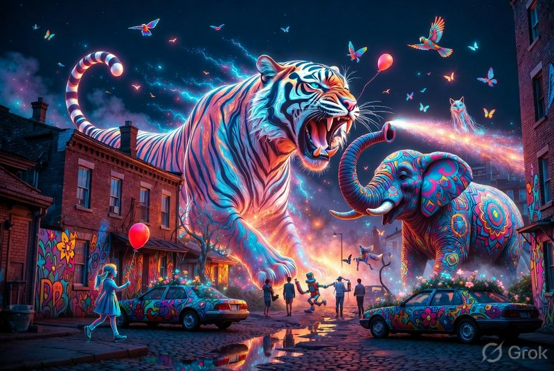 Surreal neon nighttime city street with giant glowing tiger, psychedelic patterned elephant, and ...