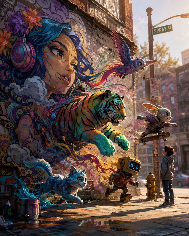 Colorful graffiti mural characters spring to life from a brick city wall, watched by a boy on a s...