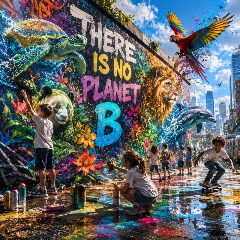 Vibrant "There Is No Planet B" street art mural, with children spray painting as painted wildlife...