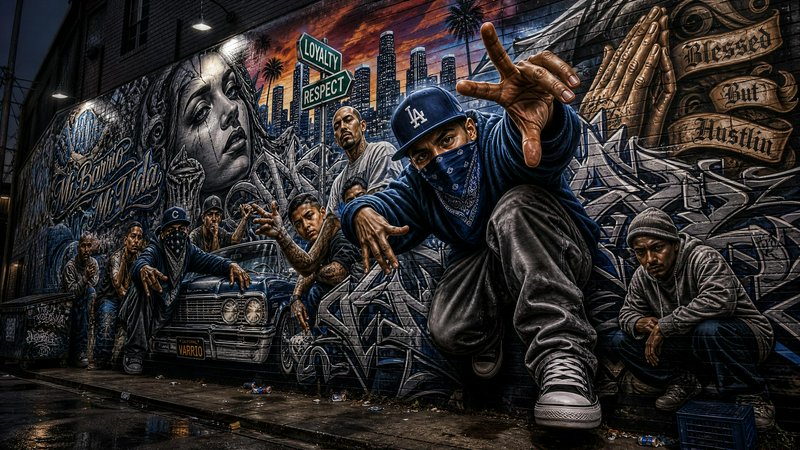 Hyperreal Chicano street mural of LA neighborhood crew, Loyalty/Respect signs, downtown sunset sk...