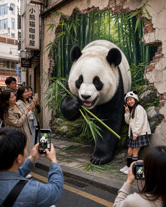 Giant panda emerges from a broken city wall holding bamboo, as onlookers take photos and a girl in a panda hat poses
