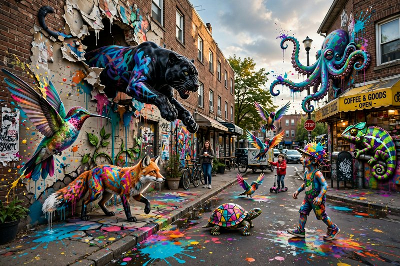 Surreal 3D street art scene with brightly painted fantasy animals emerging from brick building walls on a lively city