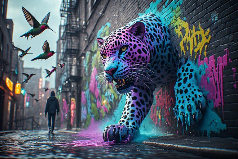 Surreal scene: colorful graffiti jaguar emerges from brick alley wall, hummingbirds fly past a hooded pedestrian on wet