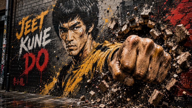 3D street art mural of Bruce Lee punching through a brick wall, with painted Jeet Kune Do text on an urban exterior wall.