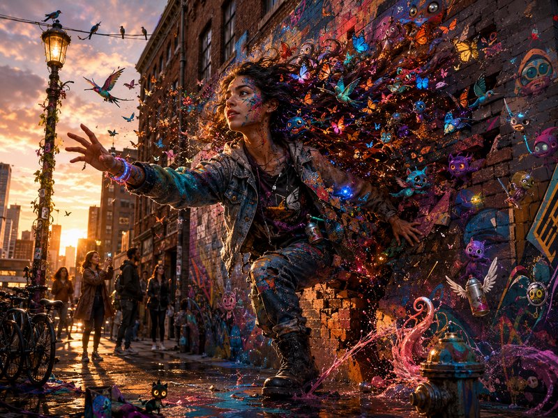 Surreal paint-splattered street artist emerging from a graffiti wall, surrounded by magical creat...