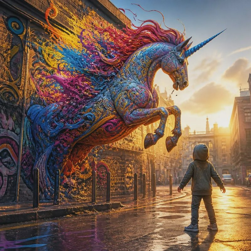 Hooded child stands on a wet city street watching a vibrant multicolored unicorn emerge from a graffiti mural at golden