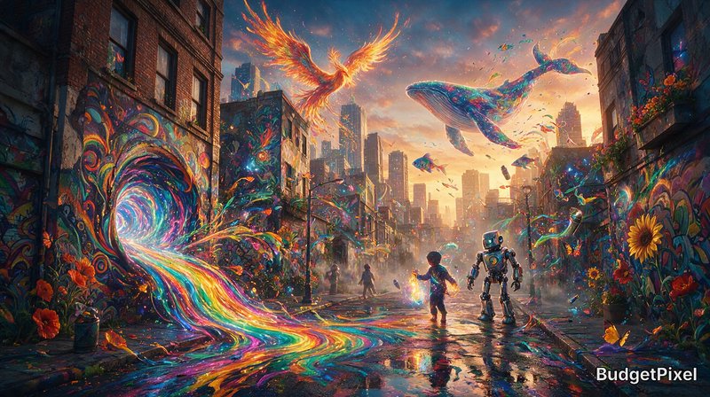 Surreal fantasy city street at sunset, featuring a cosmic portal, flying phoenix, whale, child, a...