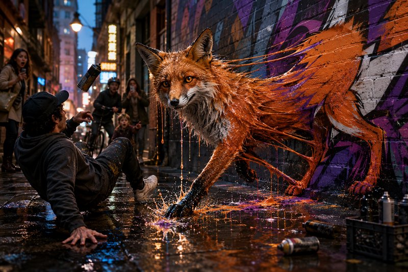Surreal scene of orange paint fox emerging from graffiti mural, startled street artist and onlook...