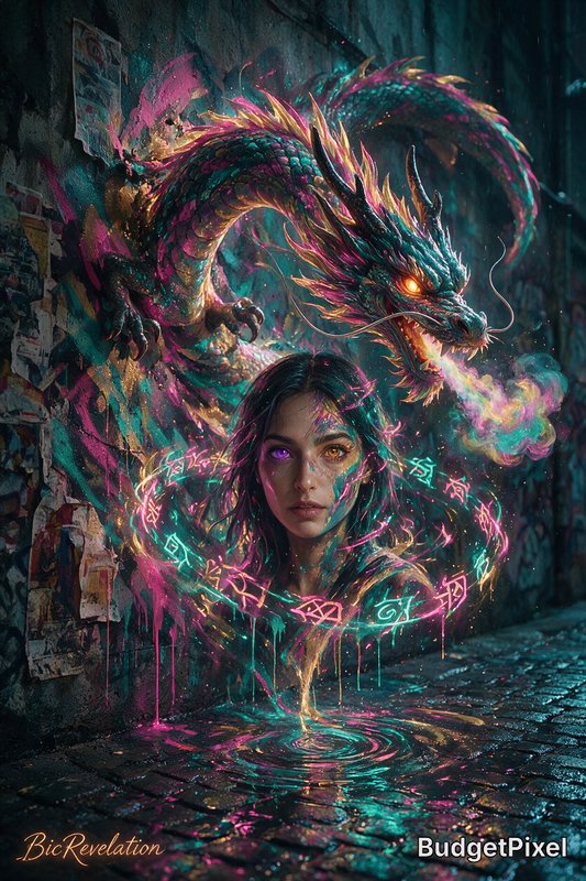 Surreal neon fantasy art of a heterochromatic woman and glowing eastern dragon emerging from a gr...
