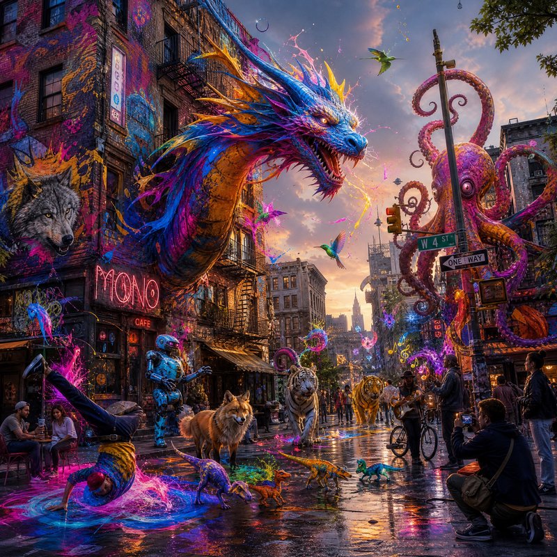 Vibrant surreal NYC street sunset scene, featuring a giant iridescent dragon, fantastical creatur...