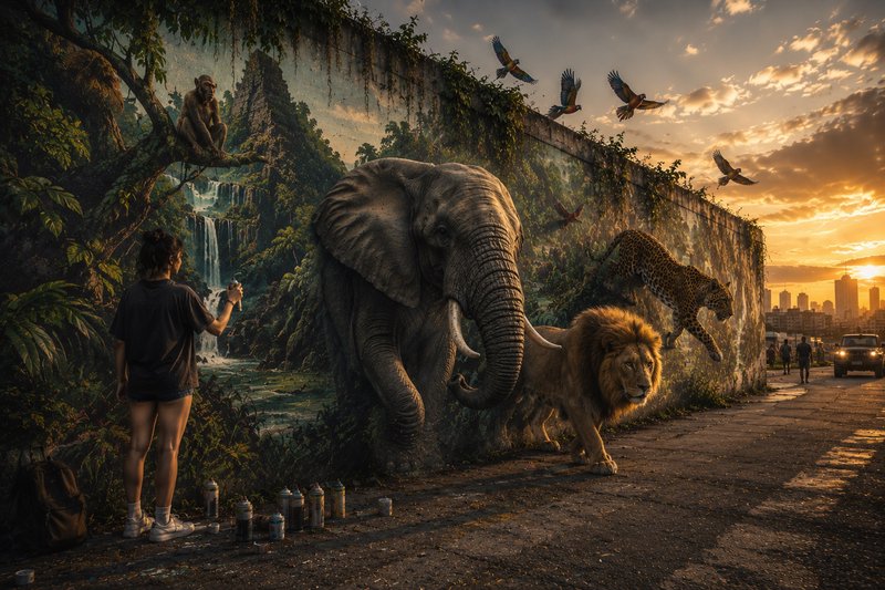 Street artist works on a massive jungle mural where wild animals emerge onto a city sidewalk at g...