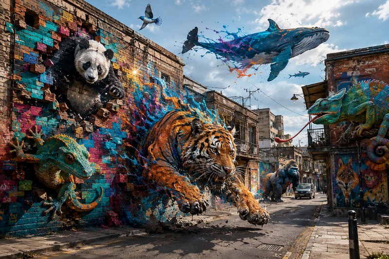 Surreal 3D street art mural where wildlife bursts from brick city walls, including a leaping tige...