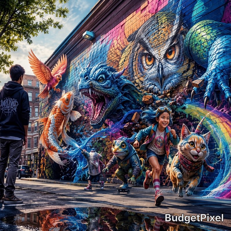 Surreal 3D street art mural coming to life, with fantasy creatures and characters leaping onto a ...