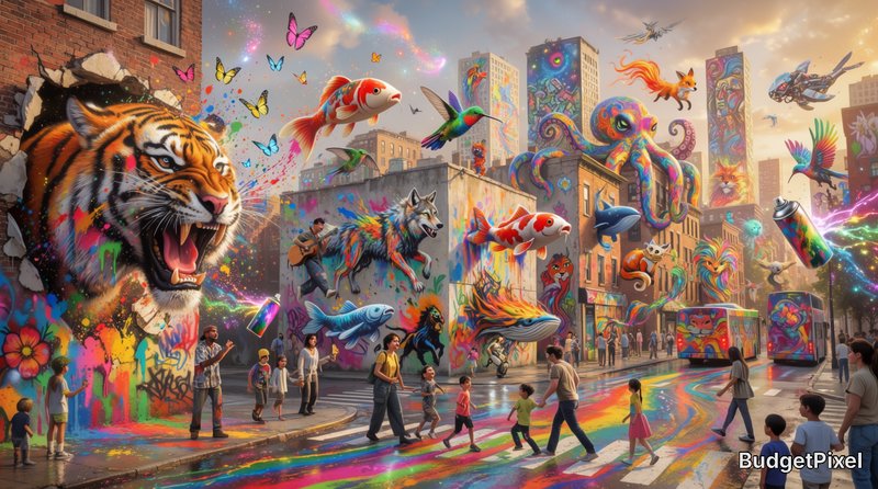 Surreal vibrant city street where graffiti murals come alive with floating creatures, rainbow art...