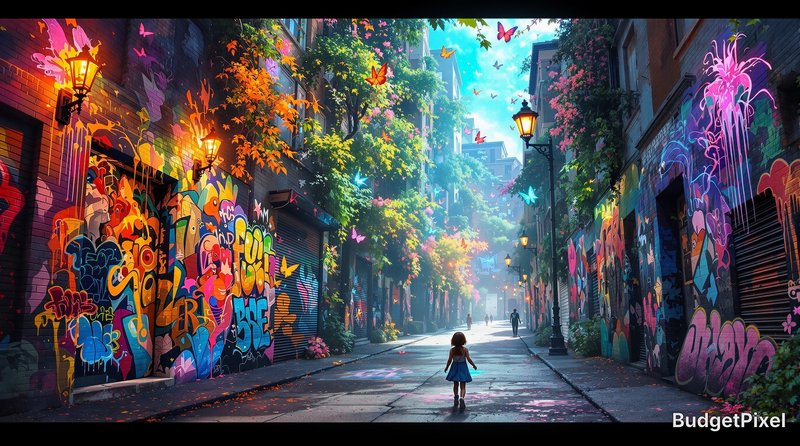 Whimsical sunlit urban alley covered in vibrant graffiti, with overgrown foliage, fluttering butt...