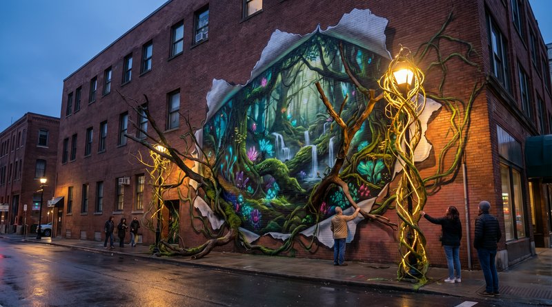 Surreal 3D enchanted forest mural bursts from torn red brick building wall, glowing vines wrap st...