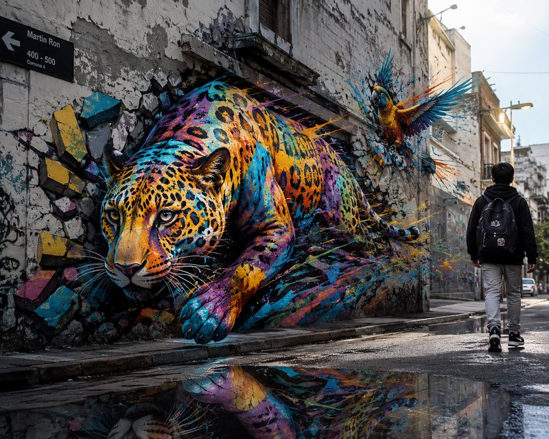 Hyperrealistic 3D street art of a colorful jaguar bursting through a weathered city wall, with a ...