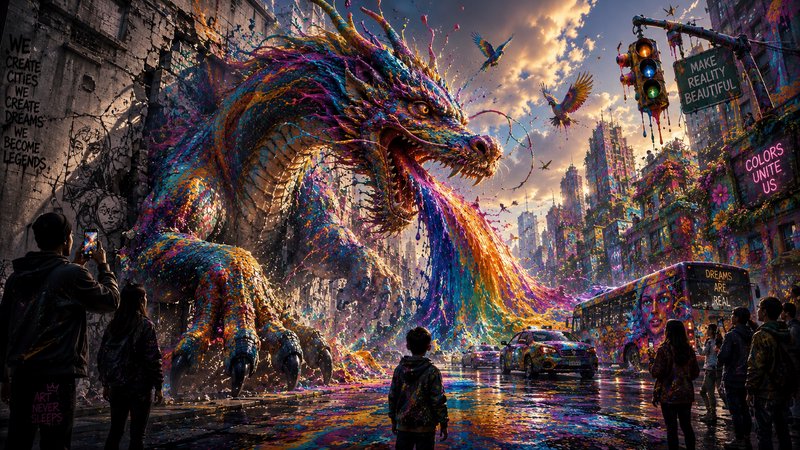 Giant rainbow paint-splashed eastern dragon breathes colorful liquid over a graffiti city street ...