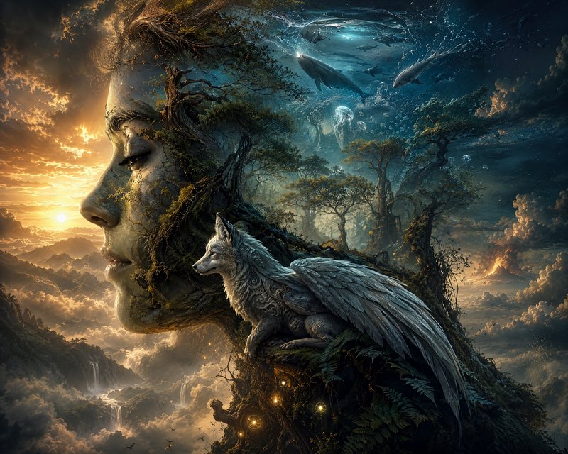[Surreal fantasy art of personified Mother Earth merged with forest, winged wolf guardian, split sunset sky and ocean land...