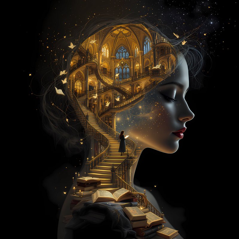 Surreal double exposure of serene woman's profile containing a glowing gothic library, floating b...