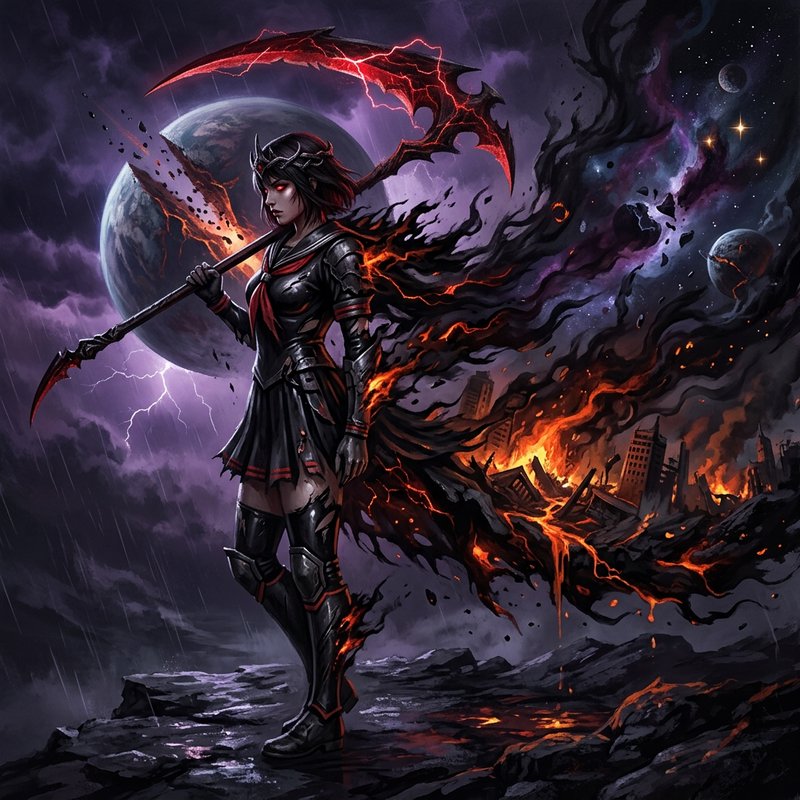 Armored female grim reaper holds lightning-wreathed red scythe overlooking burning apocalyptic ci...