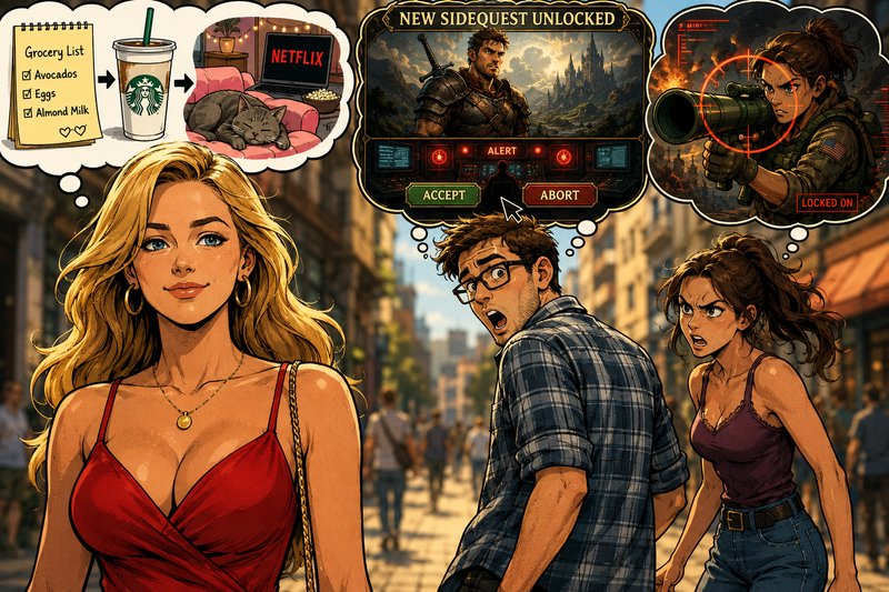 Gamer rework of the distracted boyfriend meme, with RPG side quest thought bubbles above characte...