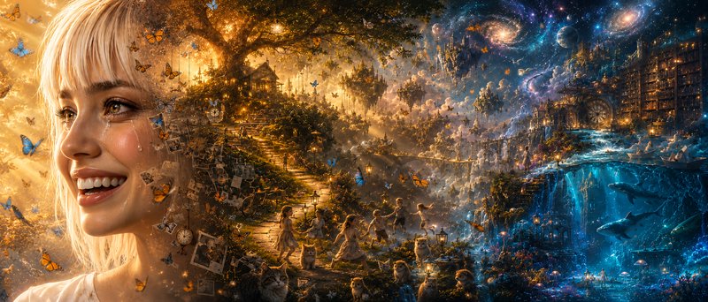 Surreal double exposure of a smiling blonde woman blending with a layered magical fantasy dreamsc...