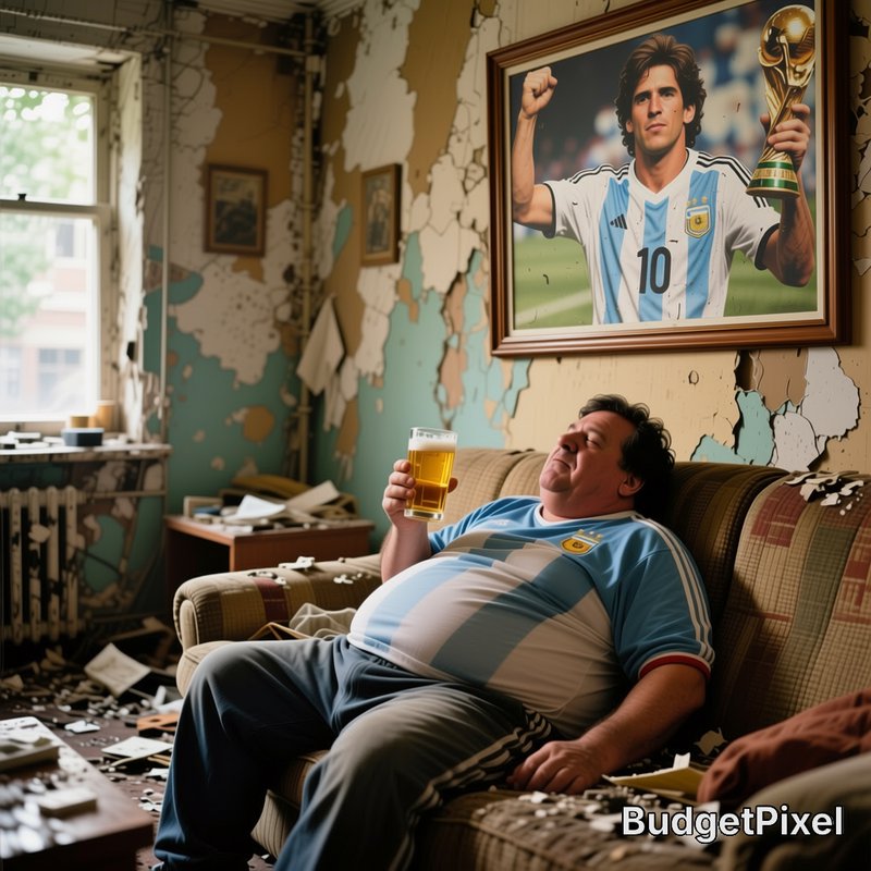 Man in Argentina football jersey holds beer reclining on a ruined couch under a framed Maradona W...