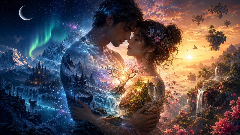 Double exposure fantasy couple embracing, merging icy arctic night and tropical sunset magical la...