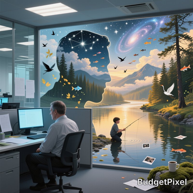Office worker at a cubicle gazes at a surreal dreamscape merging office space with whimsical fant...