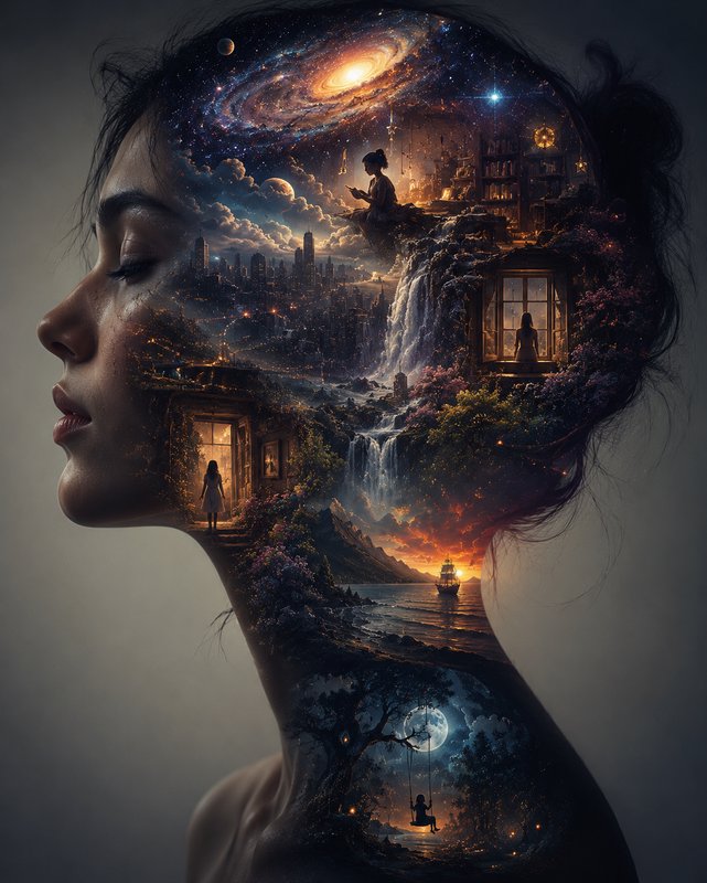 Surreal double exposure portrait of a woman, her head filled with cosmic, landscape, and dreamlik...